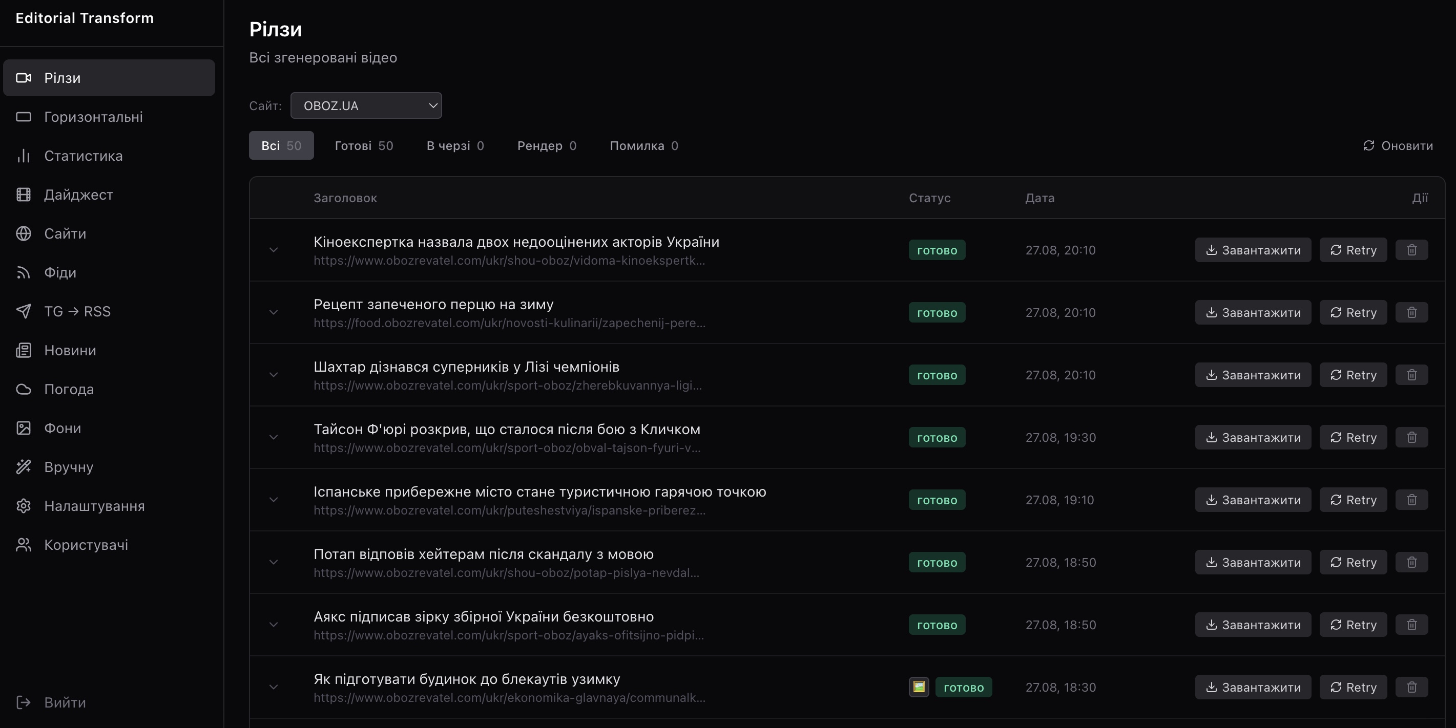 Reels dashboard filtered by OBOZ.UA showing 50 generated videos awaiting editorial review